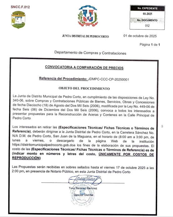 🏗️ Convocatoria a Participar en Comparación de Precios – Construcción de Aceras y Contenes en la Calle Independencia (Principal) de Pedro Corto